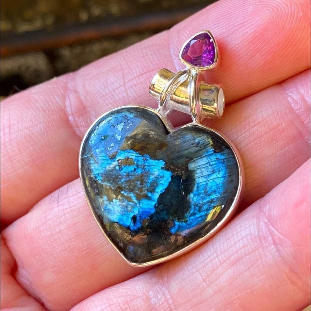 Larvikite Black Moonstone and Amethyst Heart Solid Sterling Silver Pendant